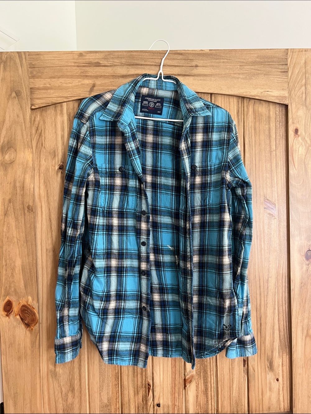 American Eagle Outfitters Teal and Black Plaid Button-Down Shirt